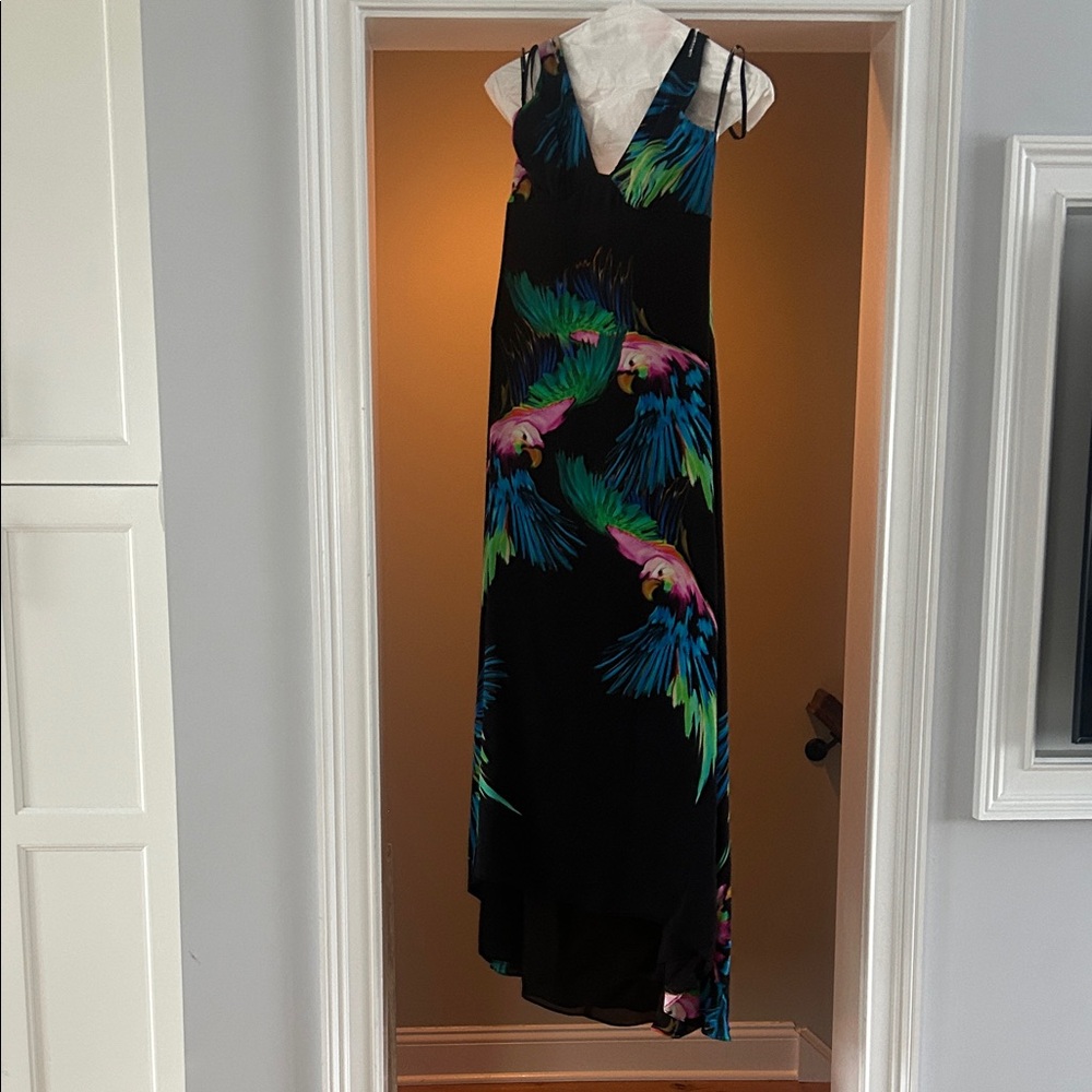 Milly Black Dress with Colorful Parrot Design